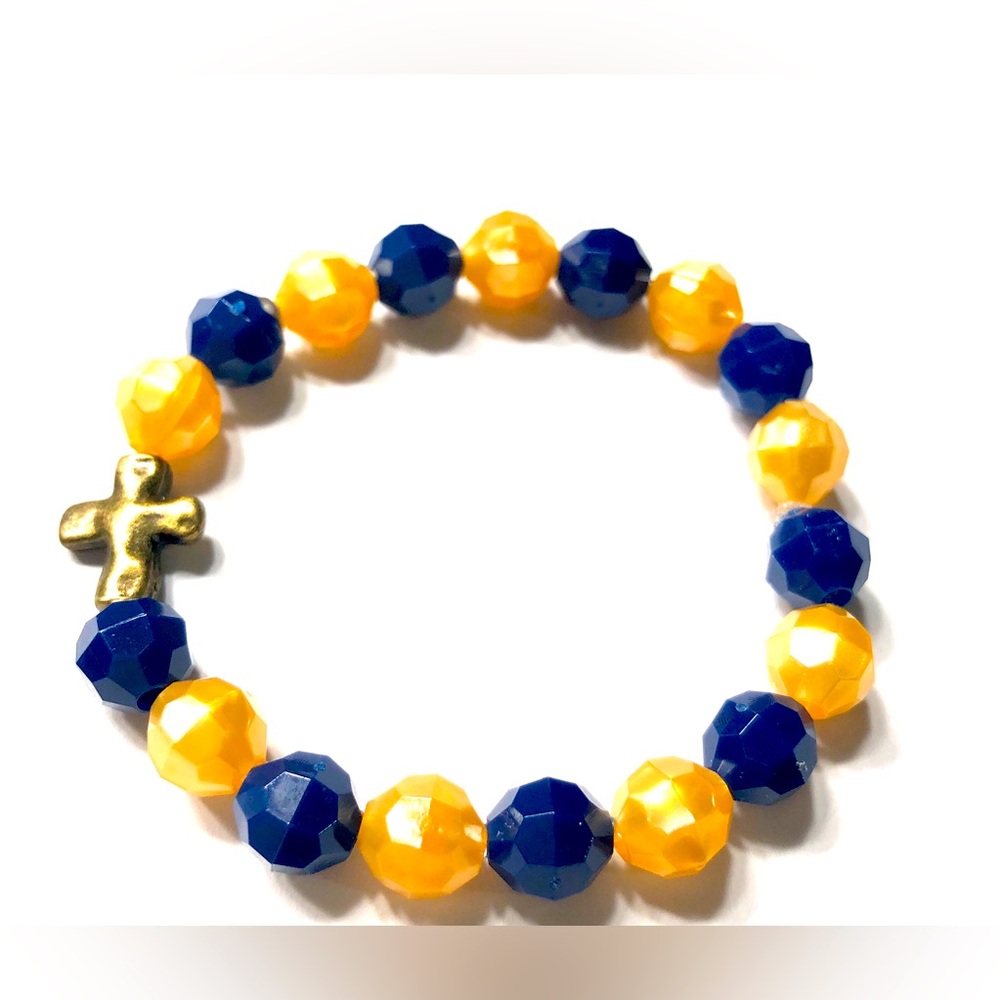Handmade Cross Navy Blue & Gold Stretch Bracelet Women Religious Gift